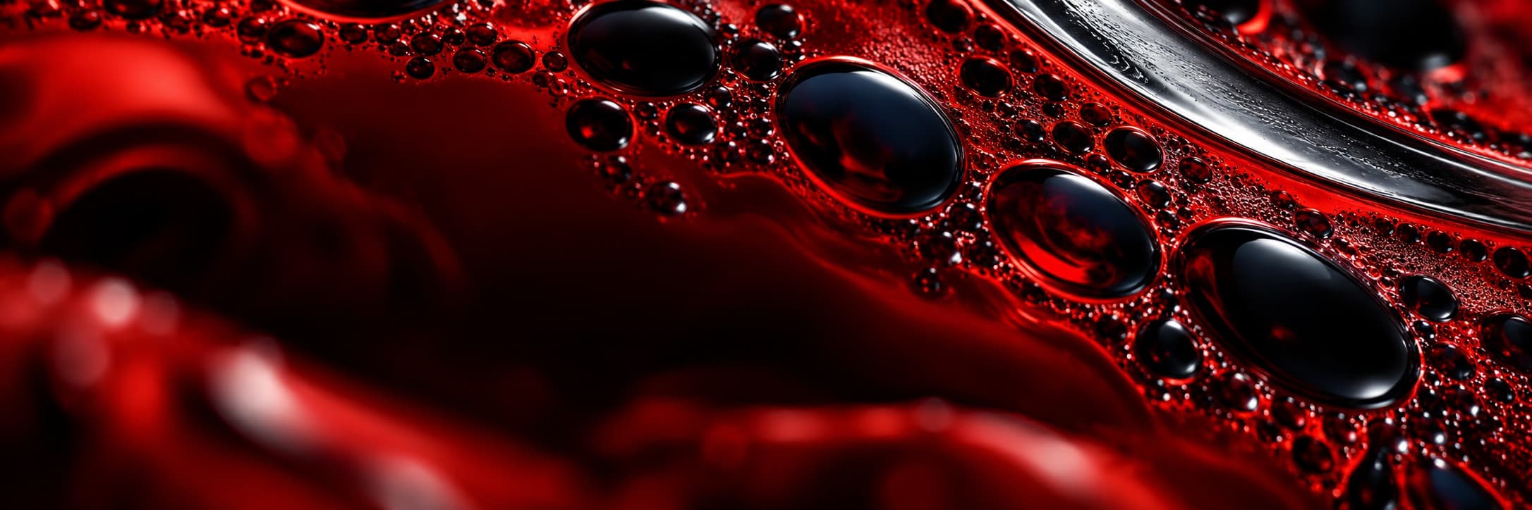 Abstract crimson liquid with glossy dark droplets and silver highlights