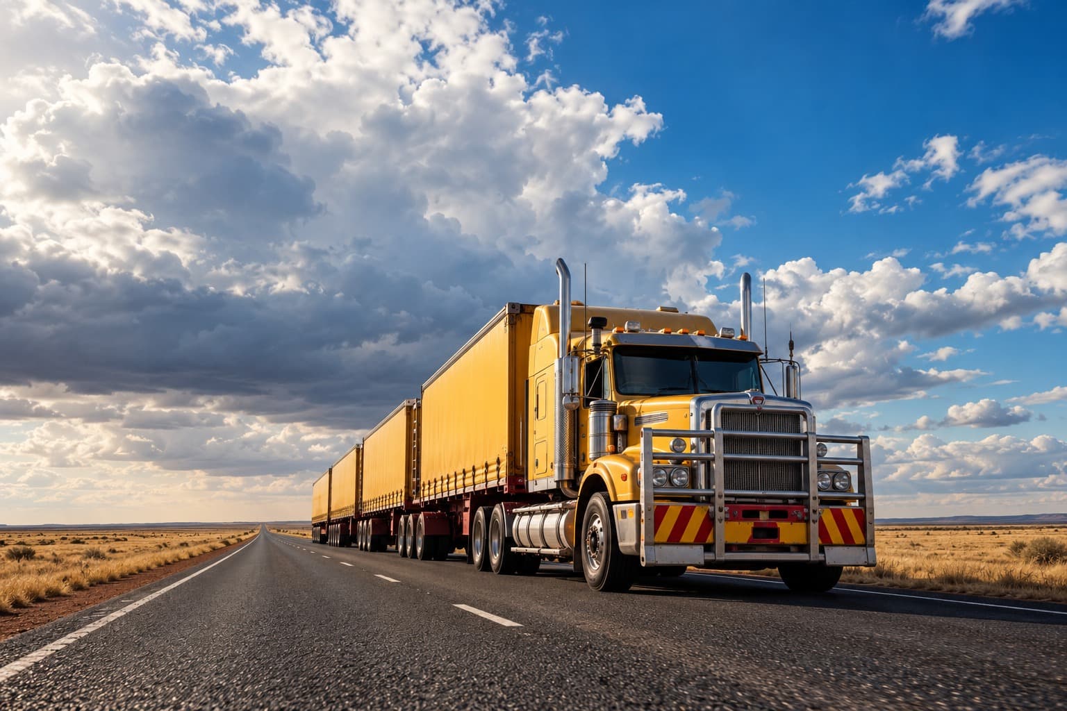 Yellow road train travelling along an open highway under a dramatic blue sky