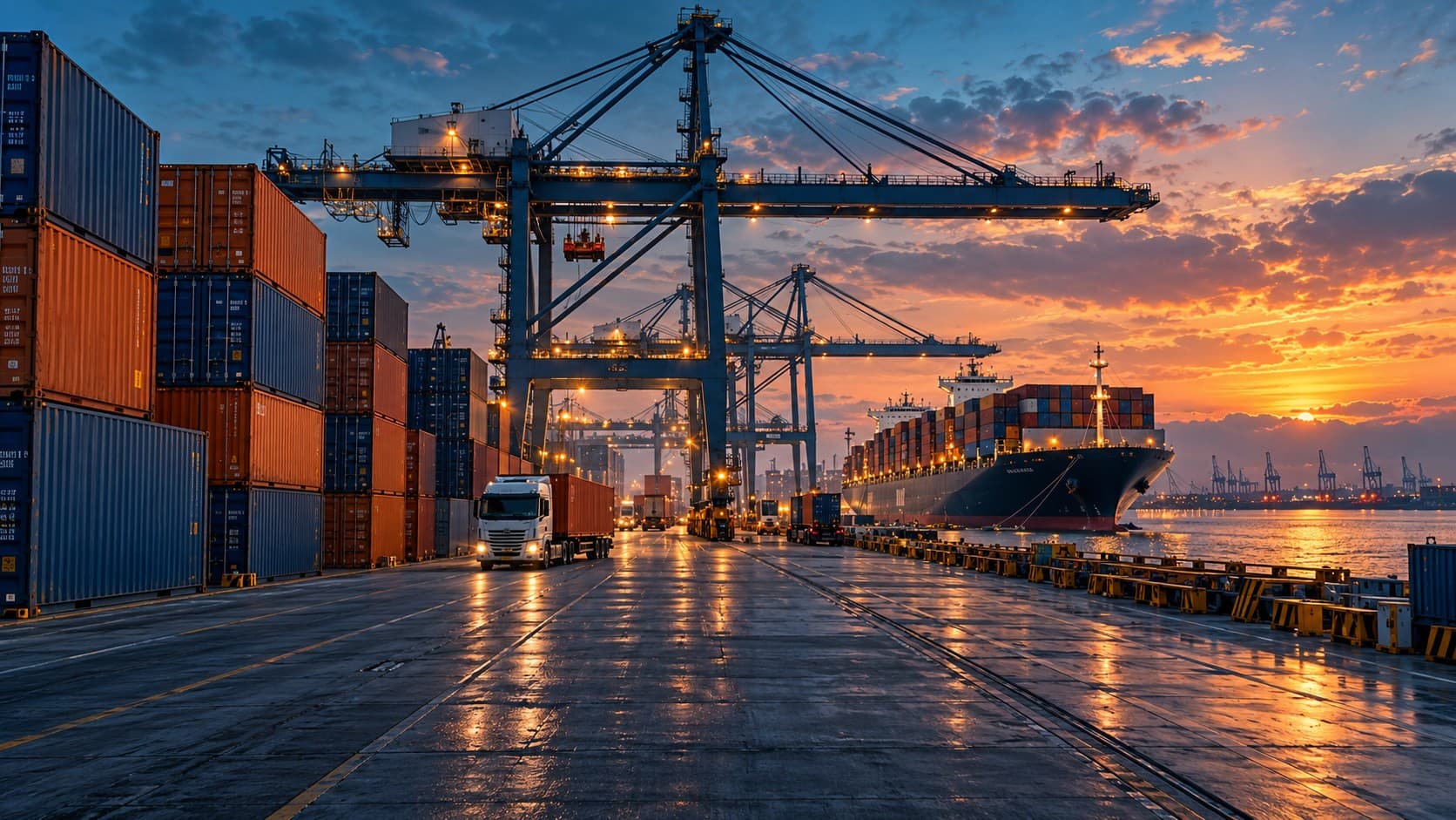 Container terminal with cranes, shipping containers, and freight transport at dusk