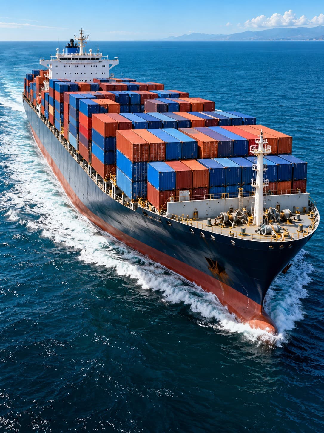 Container ship carrying colourful cargo across blue water
