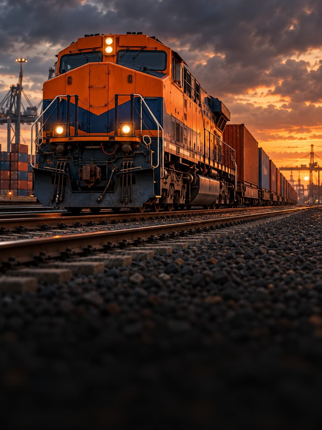 Orange freight locomotive transporting cargo by rail